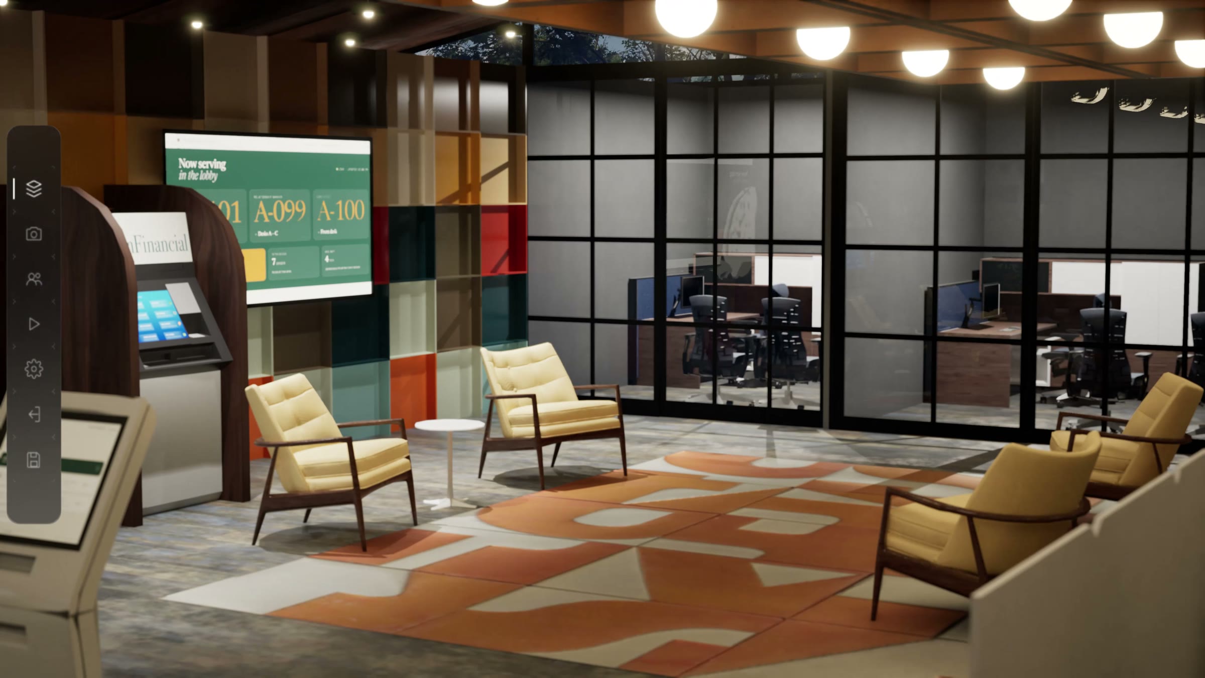 A SimFinancial branch lobby in the Branch Experience Simulator: a wall ATM, a check-in kiosk, lounge chairs, and glass-walled offices